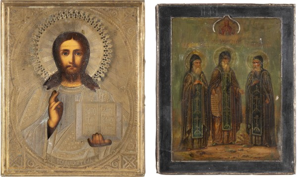 Auction 138<br>ZWEI IKONEN: CHRISTUS PANTOKRATOR MIT OKLAD UND DREI MÖNCHSHEILIGE