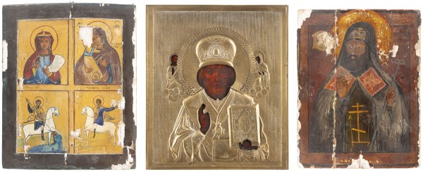 Auction 138<br>DREI IKONEN: VIERFELDER-IKONE, HEILIGER NIKOLAUS VON MYRA MIT OKLAD UND HEILIGER MITROFAN VON WORONESCH