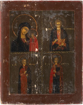 Auction 138<br>VIERFELDER-IKONE MIT DER GOTTESMUTTER VON KASAN (KASANSKAJA) UND AUSGEWÄHLTEN HEILIGEN