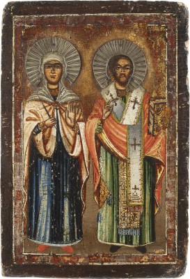 Auction 138<br>DATIERTE IKONE MIT ZWEI HEILIGEN (PARASKEWA UND JOHANNES CHRYSOSTOMUS?)