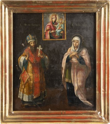 Auction 138<br>DATIERTE IKONE MIT DER GOTTESMUTTER UND DEN HEILIGEN JOHANNES CHRYSOSTOMUS UND ANNA