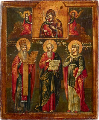 Auction 138<br>IKONE MIT DER VEREHRUNG DER GOTTESMUTTER VON WLADIMIR MIT DEN HEILIGEN STEFAN, DEM EVANGELISTEN JOHANNES UND DER HEILIGEN ALEXANDRA