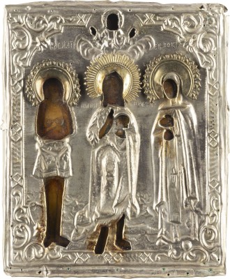 Auction 138<br>IKONE MIT DEN HEILIGEN BASILIUS DEM SEELIGEN, JOHANNES DEM VORLÄUFER UND KSENIA MIT OKLAD