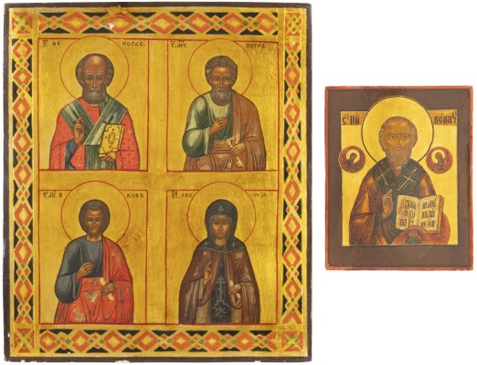 Auktion 138<br>ZWEI IKONEN: HEILIGER NIKOLAUS VON MYRA UND VIERFELDER-IKONE MIT AUSGEWÄHLTEN HEILIGEN