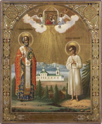 Bild GROSSE IKONE MIT DEM HEILIGEN NIKOLAUS VON MYRA UND ARTEMIJ VON VERKOLA UND DER IKONE DER KASANSKAJA
