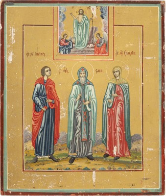 Bild DATIERTE IKONE MIT DER AUFERSTEHUNG CHRISTI UND DEN HEILIGEN VIKTOR, SAWA UND KLAUDIA