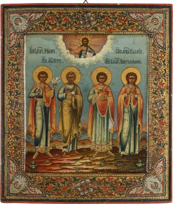 Bild FEINE IKONE MIT DEN HEILIGEN TRIFON, APOSTEL PETRUS, PANTELEIMON UND PALAGIA