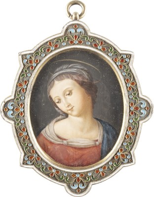Auction 138<br>IMPERIALES HOCHZEITSGESCHENK AN PRINZESSIN MARIA WLADIMIROWNA LEWASCHKOWA: BEDEUTENDER CLOISONNÉ-EMAIL-ANHÄNGER MIT DER MADONNA