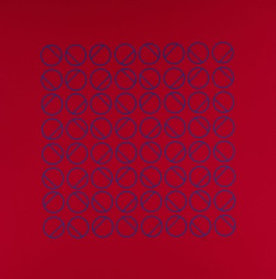 Bild KONSTRUKTIV-KONKRETE KOMPOSITION MIT BLAUEN KREISEN AUF ROTEM GRUND (1966)