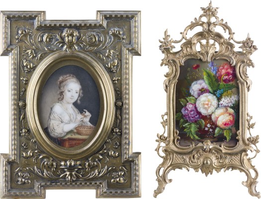 Auction 141<br>ZWEI BILDERRAHMEN MIT EROTISCHEM PORTRAIT UND BLUMENSTILLLEBEN