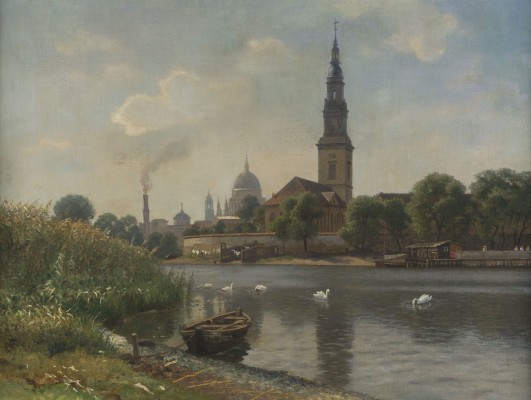 Auktion 141<br>POTSDAM, ANSICHT DER HEILIG-GEIST-KIRCHE AN DER HAVEL UND DIE NIKOLAIKIRCHE IM HINTERGRUND