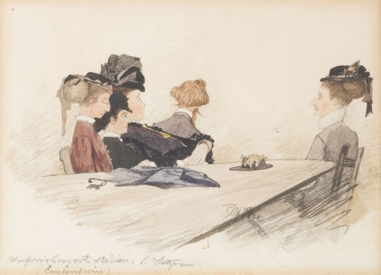 Auktion 141<br>SAMMLUNG VON 5 KARIKATUREN ''SYNFONIE-CONCERT' DUSSELDRF, 1874-1875: SYNFONIE. VIOLINVIRTUOS. ENGLENDERIN. BESUCHER I. BESUCHER II