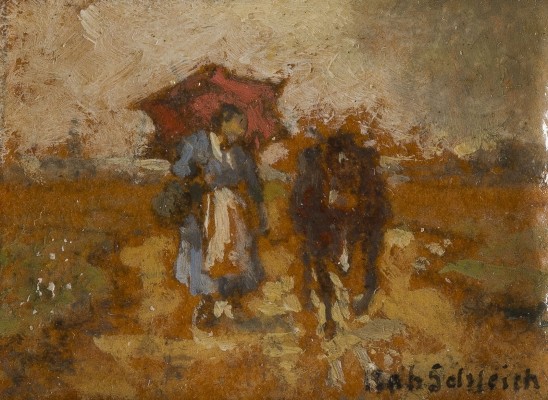 Auktion 141<br>MINIATUR: BAUERIN UNTER DEM REGENSCHIRM MIT KUH AUF EINER LANDSTRASSE