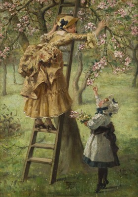 Auktion 141<br>JUNGE DAME UND MÄDCHEN PFLÜCKEN BLÜMEN VON EINEM APFELBAUM IM GARTEN. 1884