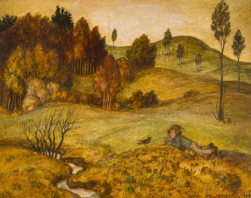 Auktion 141<br>FRÜHLINGSLANDSCHAFT MIT KNABE UND VOGEL AN EINEM BACH. 1919