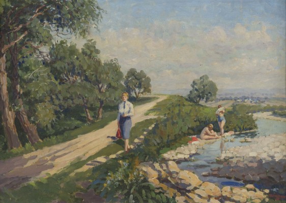 Auktion 141<br>SOMMERLANDSCHAFT MIT BADENDEN UND VORBEIGEHENDEN FRAU. 1930