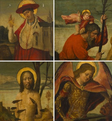 Auktion 141<br>VIER GEMÄLDE: ERZENGEL MICHAEL, HEILIGER SEBASTIAN, HEILIGER CHRISTOPHORUS UND HEILGER HIERONYMUS