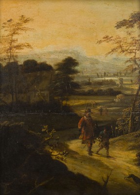 Auktion 141<br>WEITE LANDSCHAFT MIT MÜHLE UND WANDERNDEN FALKNER