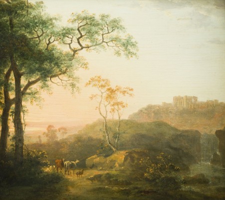 Auktion 141<br>WEITE LANDSCHAFT MIT RUINE UND KÜHEN IM SONNENAUFGANG