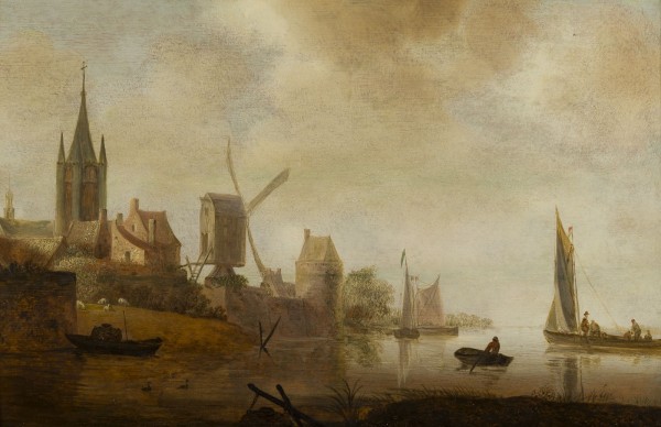 Auktion 141<br>FLUSSLANDSCHAFT MIT DORFKIRCHE, MÜHLE UND FISCHERBOOTEN