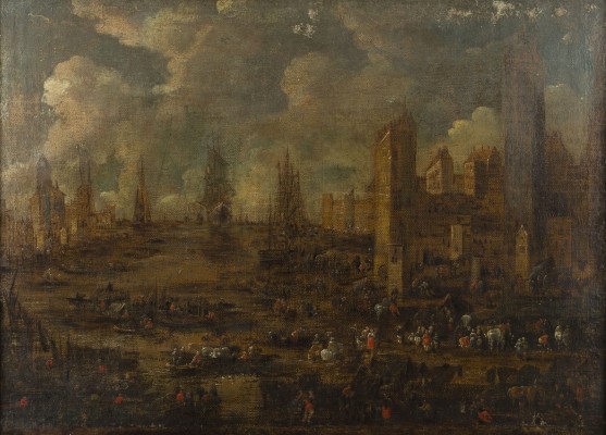 Auktion 141<br>CAPRICCIO MIT BLICK AUF EINEN HANDELSHAFEN MIT GESCHÄFTLICHEM TREIBEN