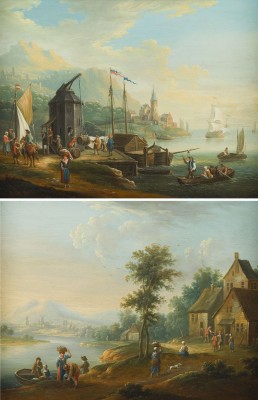 Auktion 141<br>PAAR GEMÄLDE: DÖRFLICHES GESCHEHEN AM FLUSS / ENTLADEN DER BOOTE IM HAFEN