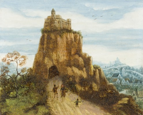 Auktion 141<br>FELSENLANDSCHAFT MIT BURGANLAGE, PERSONENSTAFFAGE UND AUSBLICK AUF EINE STADT IM HINTERGRUND