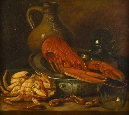 Auction 141<br>STILLLEBEN MIT KRUSTENTIEREN, PORZELLAN- UND SILBERSCHALE, WEINKRUG UND WEINGLÄSERN