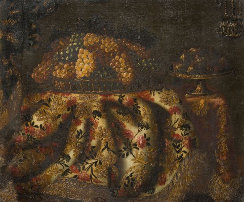Auction 141<br>FRÜCHTESTILLLEBEN MIT WEINTRAUBEN IM BASTKORB UND FEIGEN IN EINER TAZZA