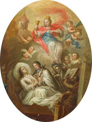 Auktion 141<br>DIE BEICHTE VOR DEM TODE, IM HIMMEL SCHWEBEND DIE JUNGFRAU MARIA, UMGEBEN VON ENGELN, ZU IHREN FÜSSEN DER TOD UND DER TEUFEL
