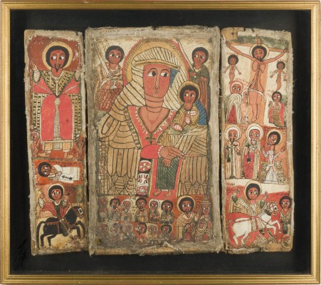 Bild GROSSES UND SELTENES KOPTISCHES TRIPTYCHON MIT DER GOTTESMUTTER, DER KREUZIGUNG CHRISTI UND HEILIGEN