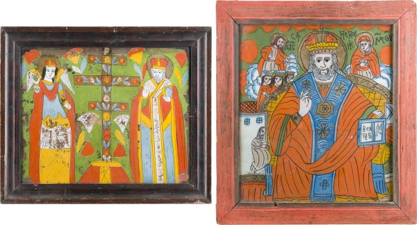 Auktion 142<br>ZWEI HINTERGLAS-IKONEN MIT DEM HEILIGEN NIKOLAUS VON MYRA UND DEM ERZENGEL MICHAEL