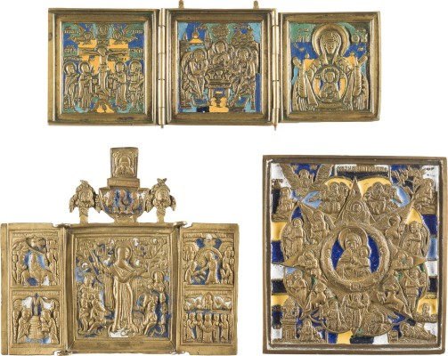 Bild SAMMLUNG VON DREI BRONZE-IKONEN: DARTELLUNGEN DER GOTTESMUTTER, KRUZIFIX SOWIE ALTTESTAMENTLICHE DREIFALTIGKEIT
