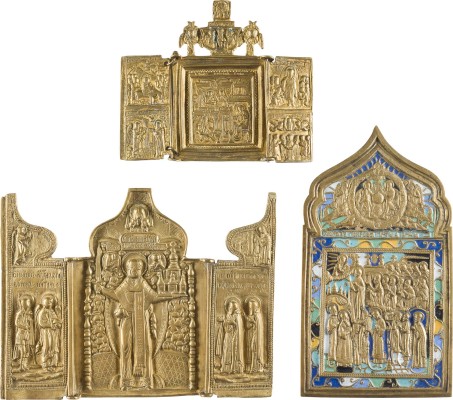 Bild SAMMLUNG VON DREI BRONZE-IKONEN: GEBURT DER GOTTESMUTTER, SCHLEIERWUNDER (POKROW) SOWIE HEILIGER NIKOLAUS VON MOSCHAISK