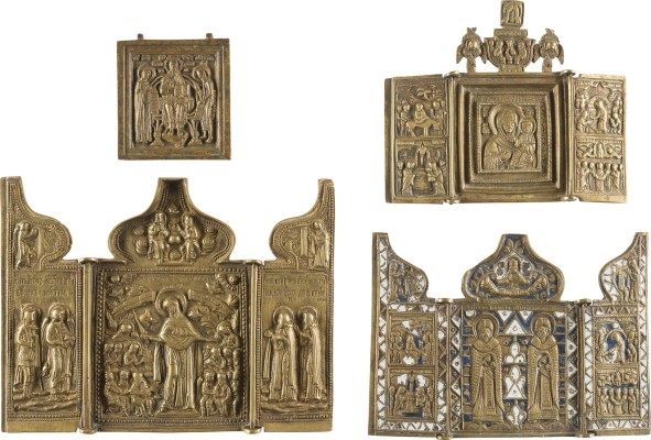 Bild SAMMLUNG VON VIER BRONZE-IKONEN: DARSTELLUNGEN DER GOTTESMUTTER, HEILIGE BLASIUS UND AFANASIJ SOWIE DEESIS