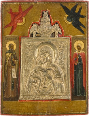 Picture BRONZE-IKONE MIT DER GOTTESMUTTER FEODOROWSKAJA FLANKIERT VON DEN HEILIGEN SERGEJ VON RADONESCH UND ALEXANDRA