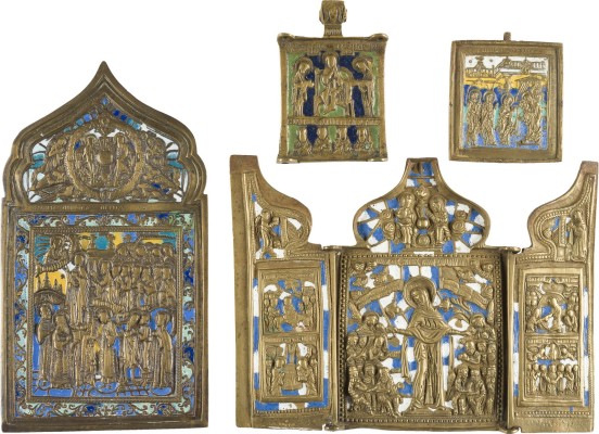 Bild SAMMLUNG VON VIER BRONZE-IKONEN: SIGNIERTE IKONE MIT DER DARBRINGUNG CHRISTI IM TEMPEL UND IKONEN MIT DARSTELLUNGEN DER GOTTESMUTTER SOWIE DEESIS