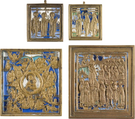 Bild SAMMLUNG VON VIER BRONZE-IKONEN: GOTTESMUTTER 'UNVERBRENNBARER DORNBUSCH', SCHLEIERWUNDER (POKROW) SOWIE AUSGEWÄHLTE HEILIGE
