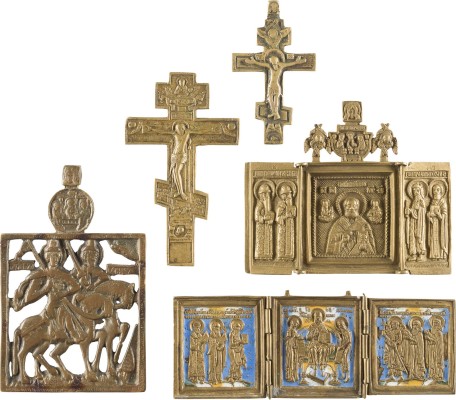 Auktion 142<br>SAMMLUNG VON FÜNF BRONZE-IKONEN: AUSGEWÄLTE HEILIGE, KRUZIFIXE UND DEESIS
