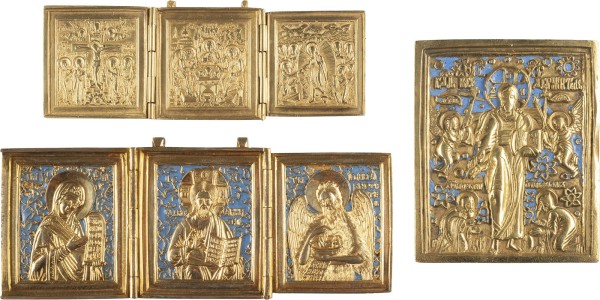 Auktion 142<br>SAMMLUNG VON DREI BRONZE-IKONEN: DARSTELLUNGEN CHRISTI, ALTTESTAMENTLICHE DREIFALTIGKEIT SOWIE EIN TRIPTYCHON MIT DEESIS