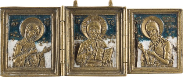 Auktion 142<br>BRONZE-TRIPTYCHON MIT DEESIS MIT EINEM DEUTSCHEN DATIERTEN ZETTEL MIT HINWEISEN ZUR PROVENIENZ