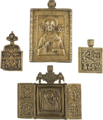 Auction 142<br>SAMMLUNG VON VIER BRONZE-IKONEN: DARSTELLUNGEN DER GOTTESMUTTER, CHRISTUS PANTOKRATOR SOWIE GEBURT CHRISTI