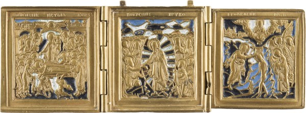 Auction 142<br>BRONZE-TRIPTYCHON MIT DARSTELLUNGEN CHRISTI UND DER GOTTESMUTTER