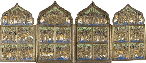 Auktion 142<br>BRONZE-TETRAPTYCHON MIT HOCHFESTEN DES ORTHODOXEN KIRCHENJAHRES