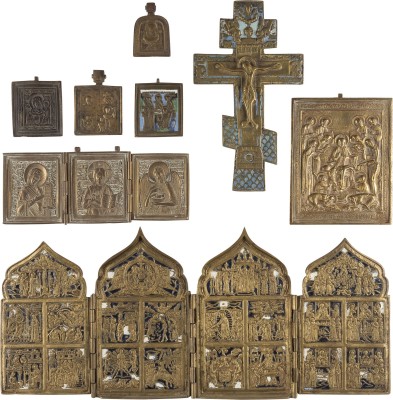 Picture SAMMLUNG VON ACHT BRONZE-IKONEN: GOTTESMUTTER VON SMOLENSK, KRUZIFIX, DEESIS, AUSGEWÄHLTE HEILIGE SOWIE FESTTAGE