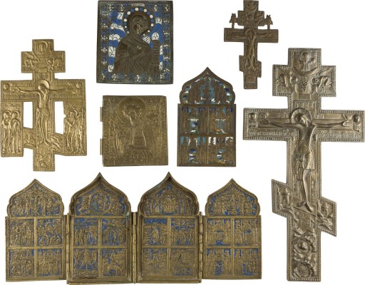 Bild SAMMLUNG VON SIEBEN BRONZE-IKONEN: KRIZIFIXE, FESTTAGE SOWIE GOTTESMUTTER UND JOHANNES DER VORLÄUFER AUS DEESIS