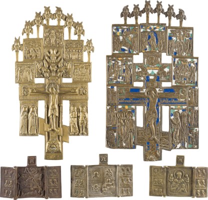 Bild SAMMLUNG VON FÜNF BRONZE-IKONEN: KRUZIFIXE UND AUSGEWÄHLTE HEILIGE