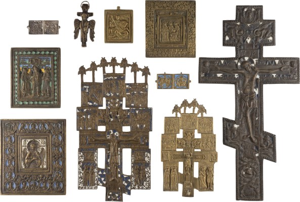 Bild SAMMLUNG VON ZEHN IKONEN: CHRIST, DAS GÜTIGE SCHWEIGEN, AUSGEWÄHLTE HEILIGE SOWIE KREUZE UND ZWEI DIPTYCHA