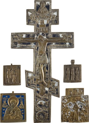 Bild SAMMLUNG VON FÜNF BRONZE-IKONEN: AUSGEWÄHLTE HEILIGE, KRUZIFIX SOWIE GOTTESMUTTER 'FREUDE ALLER LEIDENDEN'