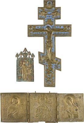 Picture SAMMLUNG VON DREI BRONZE-IKONEN: KRUZIFIX, HEILIGER NIKOLAUS VON MOSCHAISK SOWIE EIN TRIPTYCHON MIT DEESIS